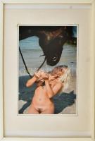 Karl Vock: Barátok (női akt lóval), 1994 körül. Fotó, hátoldalán osztrák országos verseny címkéjén német nyelven feliratozott. Üvegezett műanyag keretben. 28,5x19 cm