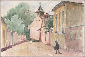 Jakuba János (1909-1974): Szentendrei utca, 1964. Akvarell, papír, jelzett, papírra kasírozva, hátol...