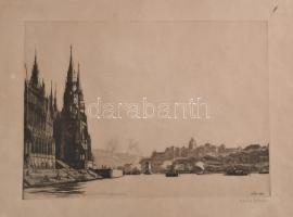 Zádor István (1882-1963): Budapesti látkép a Dunával és hajókkal. Rézkarc, papír,jelzett, 24,5×34 cm