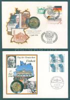 NSZK 1989. 1M fél NDK-s, fél NSZK-s 1M-ból, aranyozva "Német egység napja" érmés, bélyeges borítékon, alkalmi bélyegzővel T:2 Boríték előlapja kissé foltos. + 1989. 1M aranyozva "Német márka az NDK-ban" érmés, bélyeges borítékon, alkalmi bélyegzővel T:2 Ismertetővel. Boríték előlapja foltos.