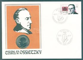 NDK 1989. 5M "Carl von Ossietzky" aranyozva érmés, bélyeges borítékon, NDK bélyeggel, alkalmi bélyegzővel T:1 Ismertetővel.