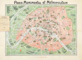 cca 1920 Paris et ses Environs, Párizs térkép múzeumokkal, emlékművekkel, könyvtárakkal, látványosságokkal, angol és francia nyelven, hajtásnál szakadások, 55x75 cm