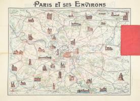 cca 1920 Paris et ses Environs, Párizs térkép múzeumokkal, emlékművekkel, könyvtárakkal, látványossá...