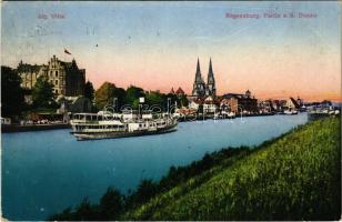 1919 Regensburg, Partie a. d. Donau, Klg. Villa / riverside, villa, steamship (EK)