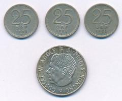 Svédország 1948-1950. 25ö Ag (3db, 2xklf) + 1967. 1Kr Ag "VI. Gusztáv Adolf" T:2,2- Sweden 1948-1950. 25 Öre Ag (3pcs, 2xdiff) + 1967. 1 Krona Ag "Gustav Adolf VI" C:XF,VF