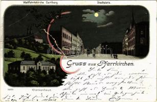 1899 (Vorläufer) Pfarrkirchen, Wallfahrtskirche Gartlberg, Krankenhaus, Stadtplatz / pilgrimage church, hospital, square at night. Art Nouveau, litho (b)