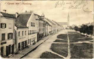 1909 Plattling, street view, shops (tears)