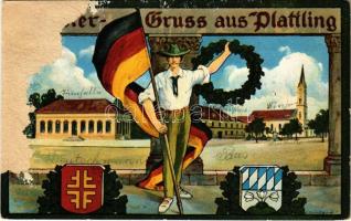 1914 Plattling, Turnhalle, Kirche / gym, church. Art Nouveau, coat of arms s: F. Bernhardt (b)