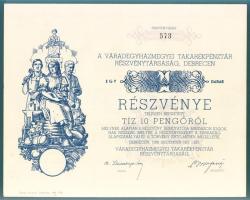1938. "Váradegyházmegyei Takarékpénztár Részvénytársaság, Debrecen" részvénye 10P-ről (3x)...