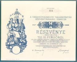 1938. "Váradegyházmegyei Takarékpénztár Részvénytársaság, Debrecen" részvénye 10P-ről (3x)...