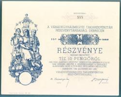 1938. "Váradegyházmegyei Takarékpénztár Részvénytársaság, Debrecen" részvénye 10P-ről (3x)...