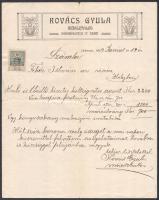1909 Debrecen, Kovács Gyula műasztalos szecessziós fejléces számlája, 10f okmánybélyeggel