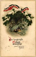 1915 Die herzlichste Glückwünsche zum neuen Jahre / WWI German military art postcard with New Year greeting, patriotic. litho (fl)