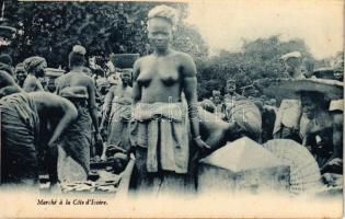 Marché a la Cote dIvoire / African folklore, half-naked women at the market (from postcard booklet) (tear)