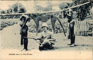 Panthere tuée a la Cote dIvoire / African folklore, Panther killed in Ivory Coast (from postcard booklet)