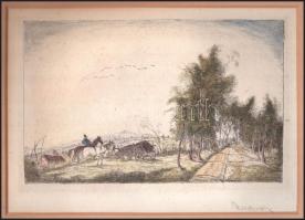 Rudnay Gyula (1878-1957): Tájkép lovakkal. Rézkarc, papír, jelzett. Paszpartuban. 13,5×21,5 cm