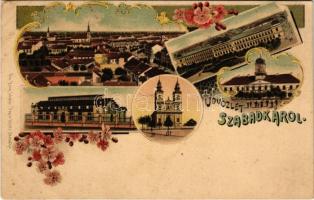 Szabadka, Subotica; városháza, törvényszéki palota, templom, vasútállomás. Víg Zsig. Sándor kiadása / town hall, church, court palace, railway station. Art Nouveau, floral, litho (fl)