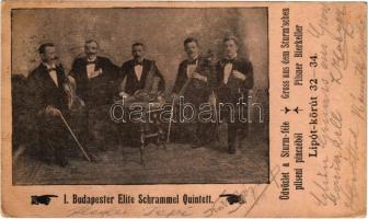 1900 Budapest XIII. Üdvözlet a Sturm-féle pilseni pincéből, I. Budapester Elite Schrammel Quintett, zenekar. Lipót körút 32-34. (EK)