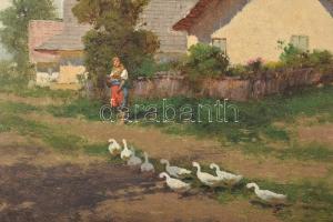 Neogrády László (1896-1962): Libás udvar menyecskével. Olaj, vászon. Jelzett. 50×40 cm