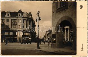 1938 Szabadka, Subotica; I. Farkas és Pressburger üzlete, autóbusz / shops, bus