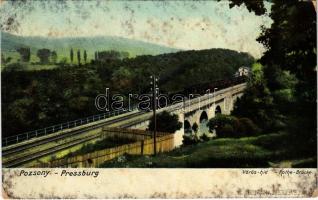 1913 Pozsony, Pressburg, Bratislava; Vörös vasúti híd, gőzmozdony, vonat. Bediene dich allein / Rothe Brücke / railway bridge, locomotive, train (EK)