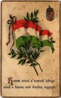 Három színű a nemzeti lobogó, mind a három verőfényben ragyogó / Austro-Hungarian K.u.K. military, Hungarian flag with coat of arms, patriotic propaganda. M.S.i.B. 264. litho (kopott sarkak / worn corners)