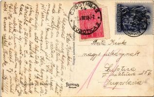 1938 Babócsa, Gróf Somssich kastély + Jugoszláv portóbélyeg a hátoldalon