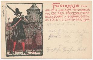 Festkarte zum 450 jähr. Jubiläums Festschiessen der Kgl. Priv. Feuerschützengesellschaft in Burghausen am 3., 4., 5. u. 6. September 1904 / German Shooting Festival advertisement card (EK)