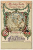 Gut Heil! Elftes deutsches Turnfest zu Frankfurt am Main 1908 / Frankfurt Sport Festival advertisement card, gymnastics. Art Nouveau, floral, coat of arms, litho s: A. Goebel