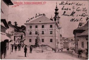 1900 Selmecbánya, Schemnitz, Banská Stiavnica; Városháza, Szentháromság szobor, Bohus üzlete / town hall, Trinity statue, shops (12,9 x 8,9 cm)