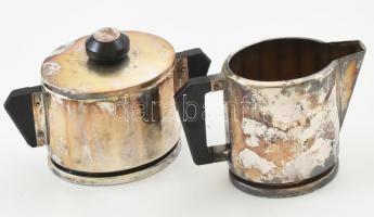 Berndorf jelzett, Art Deco szerviz készlet, tálca, tejkiöntő, cukortartó, ezüstözött, bakelit füllel