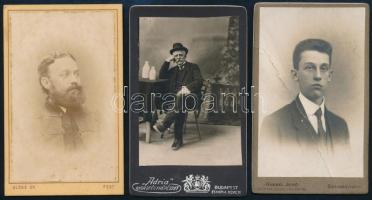 cca 1900-1920 3 db férfi portré, keményhátú fotó Klösz György, Breuer Mátyás, Knebel Jenő műtermeiből, egyik sérült, 9x6 cm