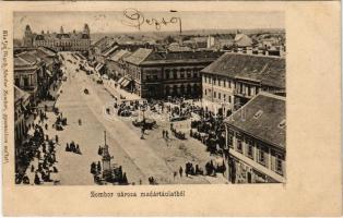 Zombor, Sombor; város madártávlatból, piac, üzletek / market, shops
