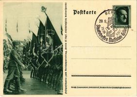 Festpostkarte zum Reichsparteitag / Nuremberg Rally, NSDAP German Nazi Party propaganda; 6 Ga. + Staatstreffen Mussolini-Hitler 29. 9. 1937 Berlin So. Stpl. (EK)