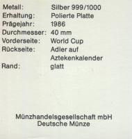 1986. "Mexikói Labdarúgó VB" FIFA hivatalos kiadása, színezüst Ag emlékérem 18,7g T:PP Tan...