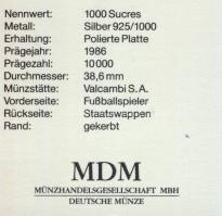 Ecuador 1986. 1000S Ag "Mexikói Labdarúgó VB-két játékos" T:PP Csak 10.000db, tanúsítvánny...