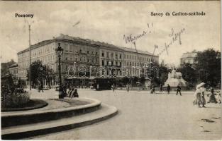1914 Pozsony, Pressburg, Bratislava; Savoy és Carlton szálloda, villamos, Kozics üzlete / hotels, tram, shops