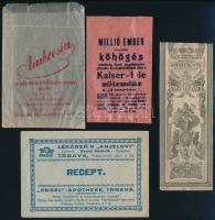 7 db vegyes régi reklám boríték és tasak, közte gyógyszertári receptborítékok, vegyes állapotban