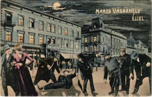 1911 Marosvásárhely, Targu Mures; Humoros éjjeli montázs részeg férfiakkal. Porjes S. Sándor kiadása / Humorous montage with drunk men at night