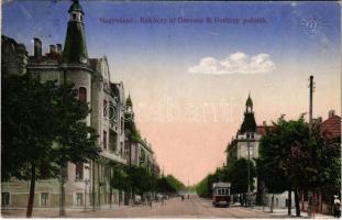1914 Nagyvárad, Oradea; Rákóczy út, Darvasy és Gerliczy paloták, villamos / street, palaces, tram (EK)