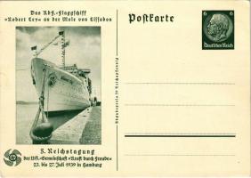 Das KdF.-Flaggschiff "Robert Ley" an der Mole von Lissabon. 5. Reichstagung der NS.-Gemeinschaft "Kraft durch Freude" 23. bis 27. Juli 1939 in Hamburg / KdF flagship "Robert Ley", cruise ship of the Nazi Party leisure organization Kraft durch Freude ("Strength Through Joy"), later in WWII used as hospital ship then floating barracks. NSDAP German Nazi Party propaganda, swastika. 6 Ga. Hindenburg