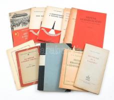 Vegyes háború utáni szocialista könyv és nyomtatvány tétel, 11 db:   Lukács György: Nietzsche és a fasizmus. Bp.,1949,Hungária, 87 p. Második kiadás. Kiadói papírkötés.;   V. A: Karpinszki: Hogyan kormányozzák a Szovjetországot? Bp., 1945, Szikra. Kiadói papírkötés, szakadt borítóval.;  Markos György: Épül az új világ? Széljegyzetek a Szovjet-únió új ötéves tervéhez. Bp., ,Magyar-Szovjet Művelődési Társaság. Átkötött félvászon-kötés, kissé kopott borítóval, intézményi bélyegzőkkel.;   Csécsy Imre: Ha Hitler győzött volna... Balassa Könyvtár 2. Bp., 1947., Vajna és Bokor. Kiadói papírkötés.;   Értelmiségi politikánk néhány kérdéséről. Az MDP Központi Vezetőségének határozata. Bp.,1956,Szikra. Kiadói papírkötés.;   Illés Béla: Népünk szabadságáért. Rákosi Mátyás elvtárs életéből. Bp.,1952,Szikra. Kiadói papírkötés.;   N. Poljánszkij: Igazságszolgáltatás a Szovjetunióban. Bp., 1946., Szikra. Kiadói papírkötés.;   Bognár József: Szocialista tervgazdálkodásunk eredményei és problémái. Bp., 1959., Pannonia. Kiadói papírkötés;   Marxista ismeretek kis könyvtára 65.: G. M. Dimitrov: A munkásosztály a fasizmus ellen. Bp., 1949., Szikra. Kiadói papírkötés, szakadt borítóval.;   Marxista ismeretek kis könyvtára 70.: Jacques Duclos-Jean Fréville: Henri Barbusse. Bp., 1950., Szikra. Kiadói papírkötés, szakadt borítóval.;   Pothornik József: Mit láttam a felszabadult Kínában. Bp., 1952, Népszava. Kiadói papírkötés, intézményi bélyegzővel.   Változó állapotban.
