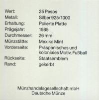 Mexikó 1985. 25P Ag "Mexikói Labdarúgó VB-embléma, labda, motívumok" T:PP Tanúsítvánnyal!