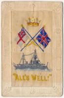 Alls Well! British Navy art postcard, battleship, naval flag, silk embroidery. Raphael Tuck & Sons Broderie dArt Series No. 406. (fa)