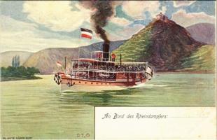 An Bord des Rheindampfers... Rhein-Dampfschiffahrt Kölnische und Düsseldorfer Gesellschaft / German steamship company, steamer line between Cologne and Düsseldorf, advertisement card (fl)