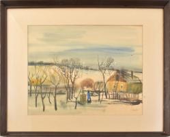 Szalóky Sándor (1921-1978): Havas tanya, 1970. Akvarell, papír, jelezve jobbra lent, üvegezett fakeretben, 35,5×46,5 cm.