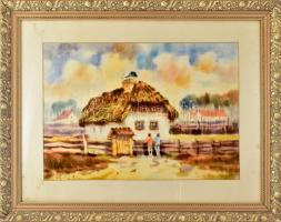 Osváth Miklós (1935-): Nádtetős ház. Akvarell, papír, jelzett, üvegezett sérült keretben, 48×67 cm