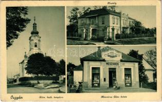 1944 Osgyán, Ozdany; Római katolikus templom, kastély, Mészáros Géza üzlete és saját kiadása / Catholic church, castle, publishers shop (EK)