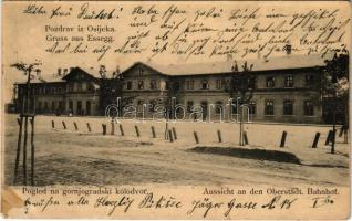 1914 Eszék, Osijek, Essegg; Pogled na gornjogradski kolodvor. Naklada Ljudevita Szeklera / Oberstädt. Bahnhof / railway station (Rb)