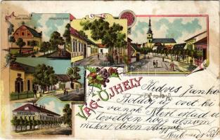 1901 Vágújhely, Waag-Neustadt, Nové Mesto nad Váhom; Evangélikus templom, Neuauer szálloda, utca / church, hotel, street (fl)